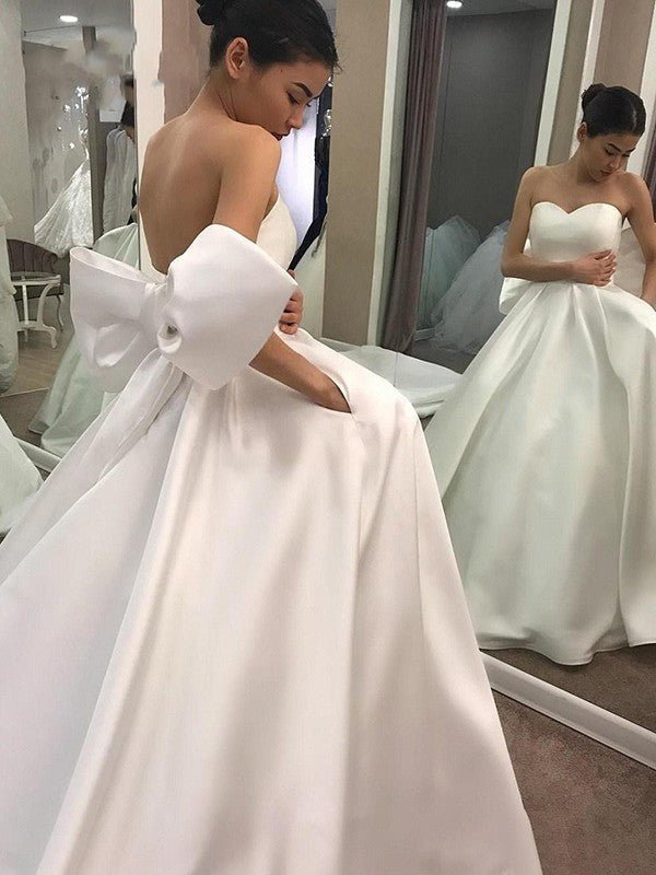 NumberSea - A - Line/Princess Satin Bowknot Sweetheart Sleeveless Sweep/Brush Train Wedding Dresses