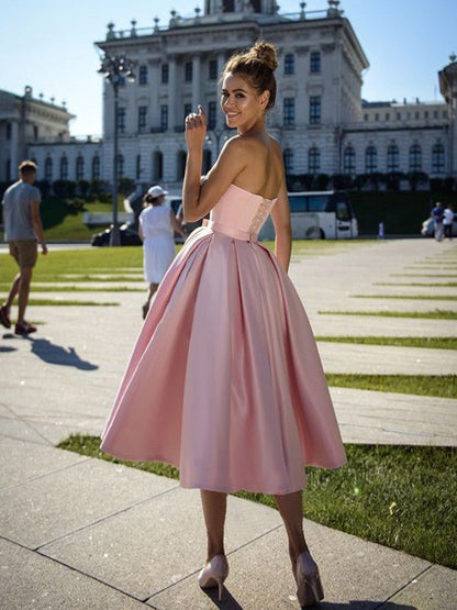 NumberSea - A - Line/Princess Satin Bowknot Sweetheart Sleeveless Tea - Length Homecoming Dresses