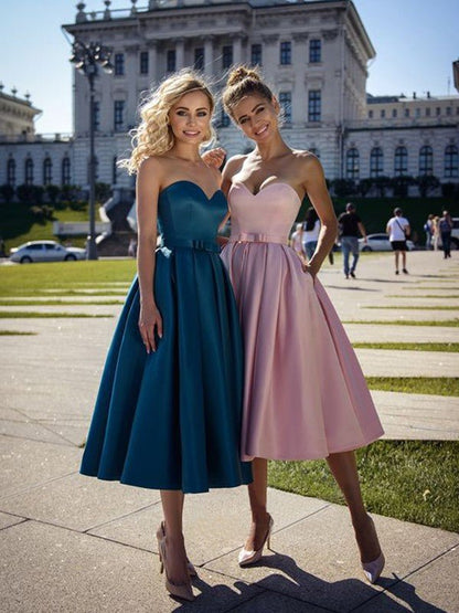 NumberSea - A - Line/Princess Satin Bowknot Sweetheart Sleeveless Tea - Length Homecoming Dresses