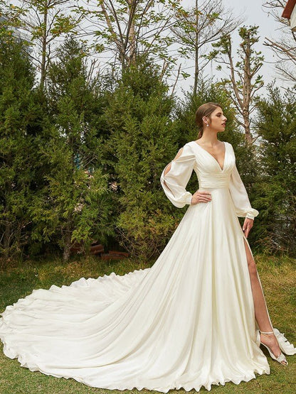 NumberSea - A - Line/Princess Satin Chiffon Ruched V - neck Long Sleeves Cathedral Train Wedding Dresses