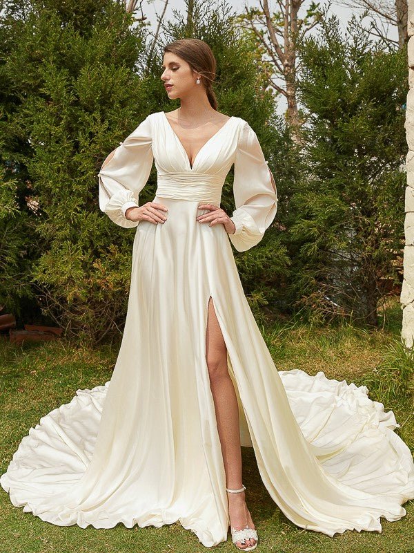 NumberSea - A - Line/Princess Satin Chiffon Ruched V - neck Long Sleeves Cathedral Train Wedding Dresses