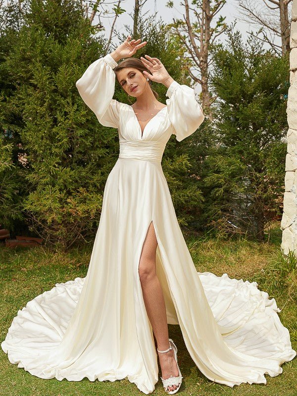 NumberSea - A - Line/Princess Satin Chiffon Ruched V - neck Long Sleeves Cathedral Train Wedding Dresses