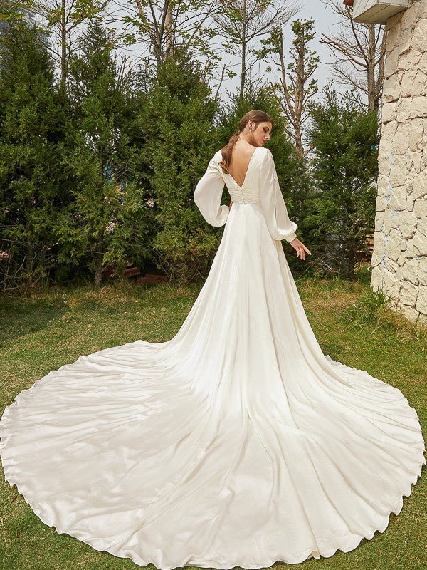 NumberSea - A - Line/Princess Satin Chiffon Ruched V - neck Long Sleeves Cathedral Train Wedding Dresses