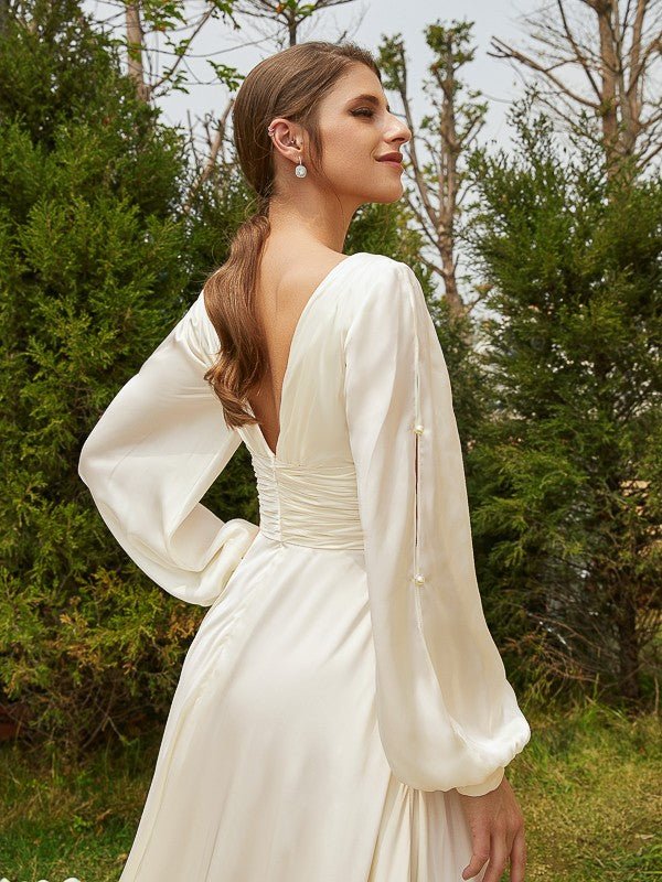 NumberSea - A - Line/Princess Satin Chiffon Ruched V - neck Long Sleeves Cathedral Train Wedding Dresses