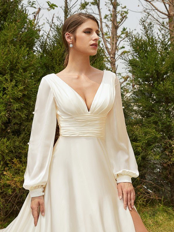 NumberSea - A - Line/Princess Satin Chiffon Ruched V - neck Long Sleeves Cathedral Train Wedding Dresses