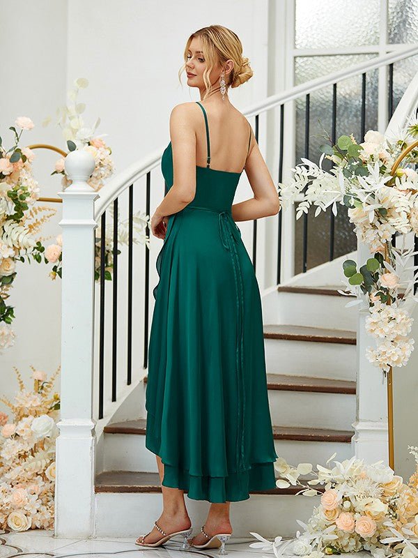 NumberSea - A - Line/Princess Satin Chiffon Ruched V - neck Sleeveless Asymmetrical Bridesmaid Dresses