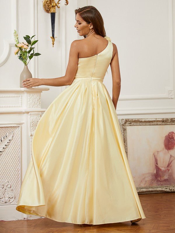 NumberSea - A - Line/Princess Satin Hand - Made Flower One - Shoulder Sleeveless Floor - Length Dresses