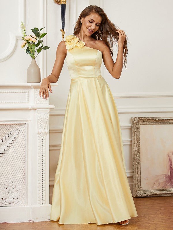 NumberSea - A - Line/Princess Satin Hand - Made Flower One - Shoulder Sleeveless Floor - Length Dresses