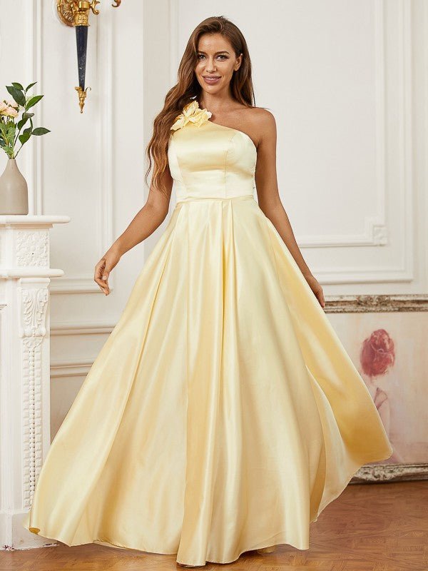 NumberSea - A - Line/Princess Satin Hand - Made Flower One - Shoulder Sleeveless Floor - Length Dresses