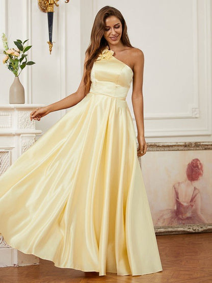 NumberSea - A - Line/Princess Satin Hand - Made Flower One - Shoulder Sleeveless Floor - Length Dresses