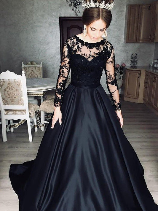 NumberSea - A - Line/Princess Satin Lace Bateau Long Sleeves Sweep/Brush Train Dresses