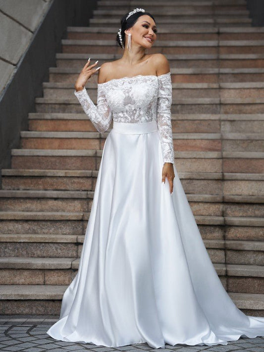 NumberSea - A - Line/Princess Satin Lace Off - the - Shoulder Long Sleeves Sweep/Brush Train Wedding Dresses