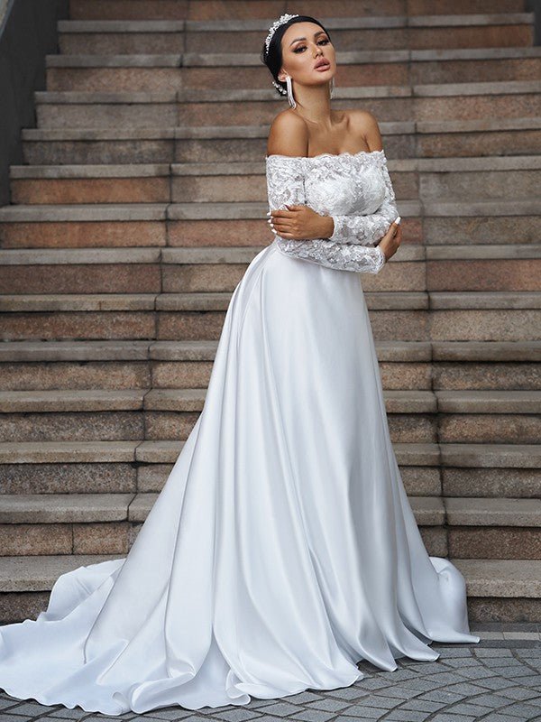 NumberSea - A - Line/Princess Satin Lace Off - the - Shoulder Long Sleeves Sweep/Brush Train Wedding Dresses