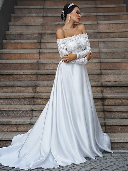 NumberSea - A - Line/Princess Satin Lace Off - the - Shoulder Long Sleeves Sweep/Brush Train Wedding Dresses