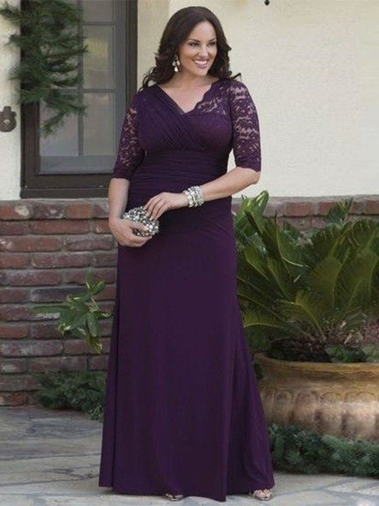 NumberSea - A - Line/Princess Satin Lace V - neck 1/2 Sleeves Floor - Length Mother of the Bride Dresses