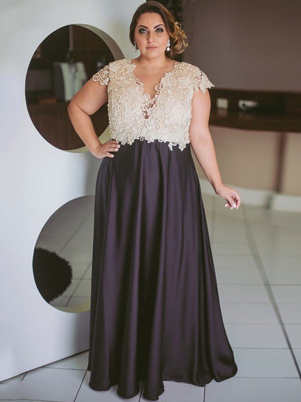 NumberSea - A - Line/Princess Satin Lace V - neck Short Sleeves Floor - Length Mother of the Bride Dresses