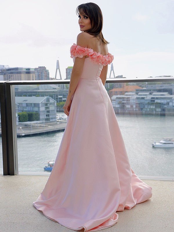 NumberSea - A - Line/Princess Satin Off - the - Shoulder Sleeveless Hand - Made Flower Sweep/Brush Train Dresses