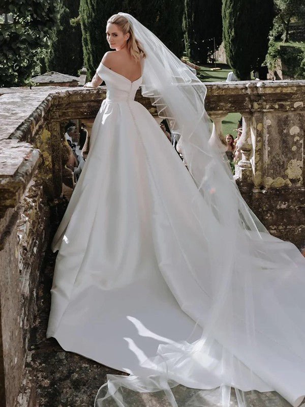 NumberSea - A - Line/Princess Satin Ruched Off - the - Shoulder Sleeveless Cathedral Train Wedding Dresses