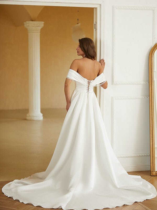 NumberSea - A - Line/Princess Satin Ruched Off - the - Shoulder Sleeveless Chapel Train Wedding Dresses