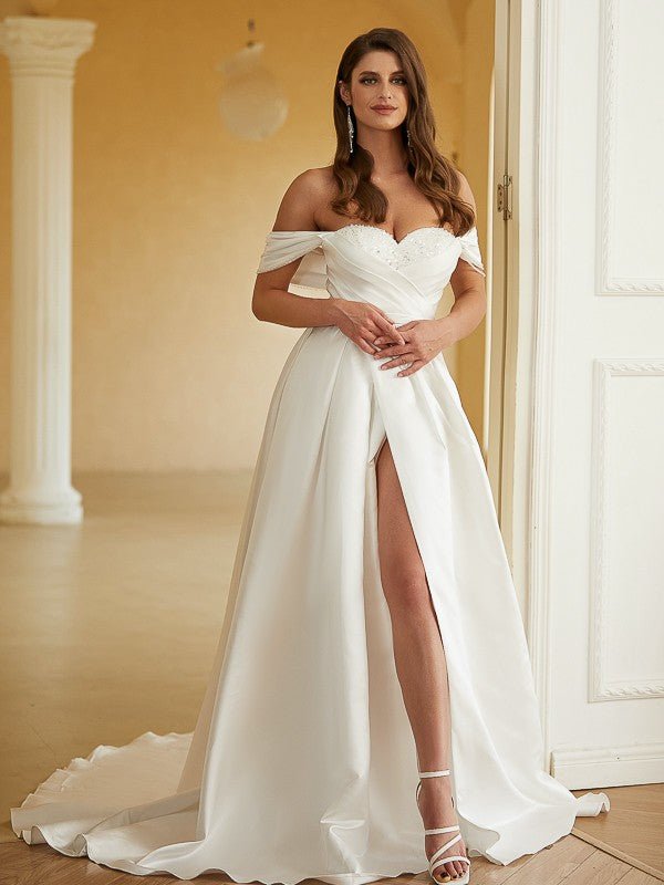 NumberSea - A - Line/Princess Satin Ruched Off - the - Shoulder Sleeveless Chapel Train Wedding Dresses