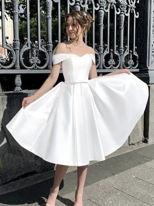 NumberSea - A - Line/Princess Satin Ruched Off - the - Shoulder Sleeveless Knee - Length Wedding Dresses