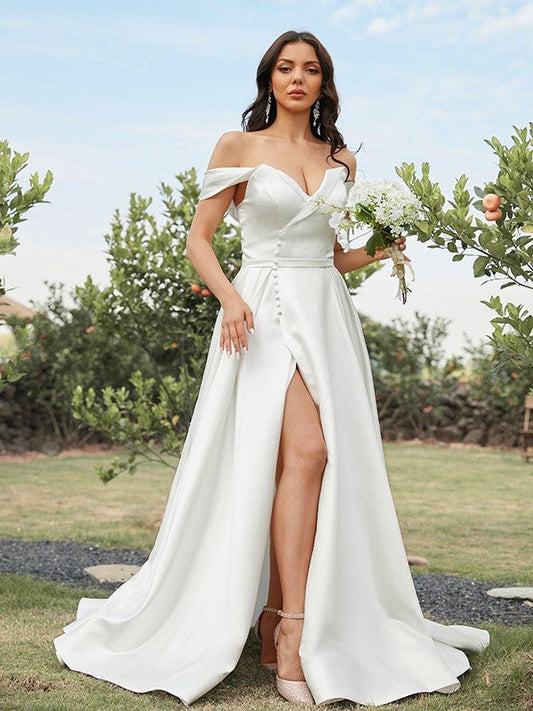 NumberSea - A - Line/Princess Satin Ruched Off - the - Shoulder Sleeveless Sweep/Brush Train Wedding Dresses