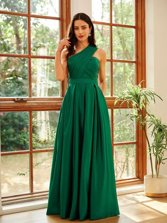 NumberSea - A - Line/Princess Satin Ruched One - Shoulder Sleeveless Floor - Length Dresses