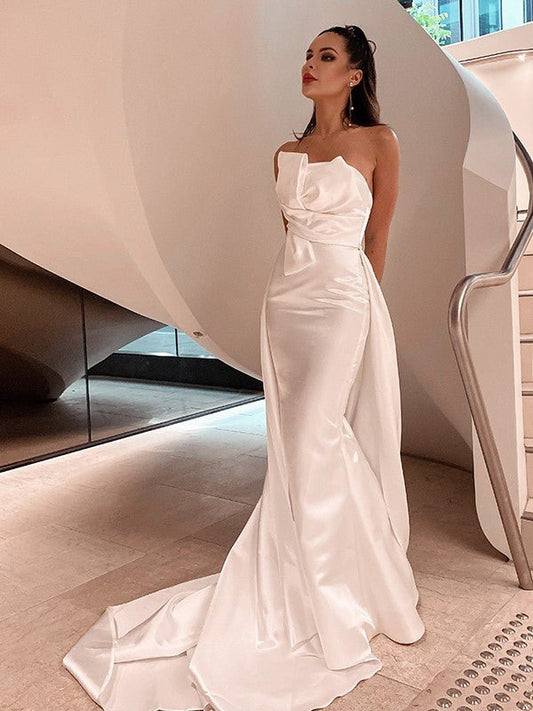 NumberSea - A - Line/Princess Satin Ruched Strapless Sleeveless Court Train Wedding Dresses