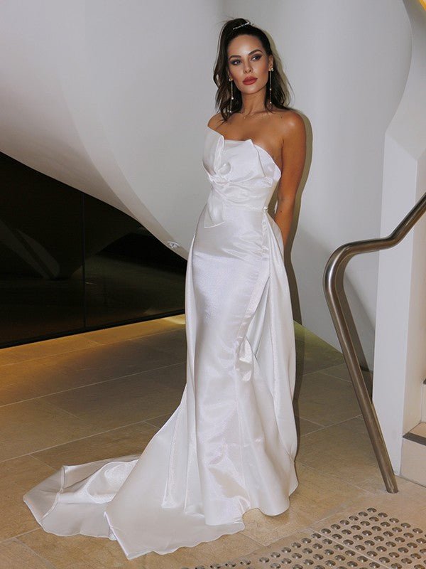 NumberSea - A - Line/Princess Satin Ruched Strapless Sleeveless Court Train Wedding Dresses