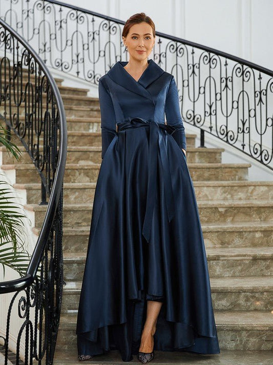 NumberSea - A - Line/Princess Satin Ruched V - neck Long Sleeves Asymmetrical Mother of the Bride Dresses