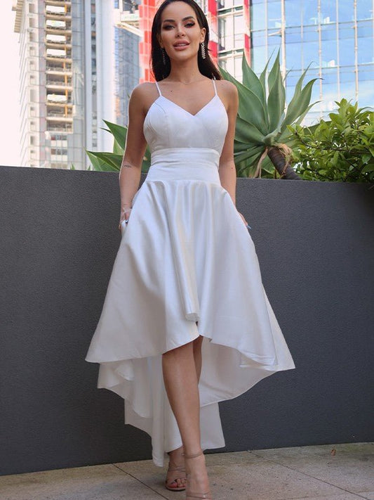 NumberSea - A - Line/Princess Satin Ruched V - neck Sleeveless Asymmetrical Wedding Dresses