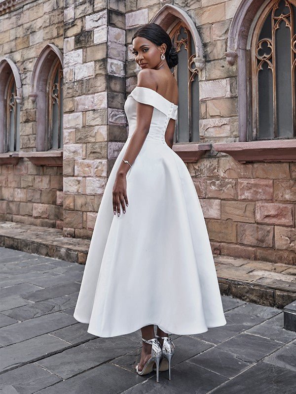 NumberSea - A - Line/Princess Satin Ruffles Off - the - Shoulder Sleeveless Ankle - Length Wedding Dresses