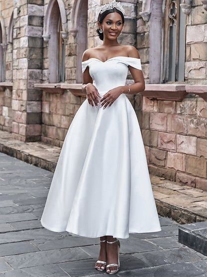 NumberSea - A - Line/Princess Satin Ruffles Off - the - Shoulder Sleeveless Ankle - Length Wedding Dresses