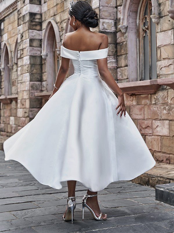 NumberSea - A - Line/Princess Satin Ruffles Off - the - Shoulder Sleeveless Ankle - Length Wedding Dresses