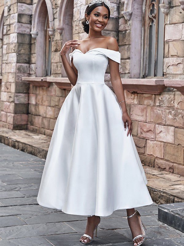 NumberSea - A - Line/Princess Satin Ruffles Off - the - Shoulder Sleeveless Ankle - Length Wedding Dresses