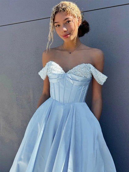 NumberSea - A - Line/Princess Satin Ruffles Off - the - Shoulder Sleeveless Sweep/Brush Train Dresses