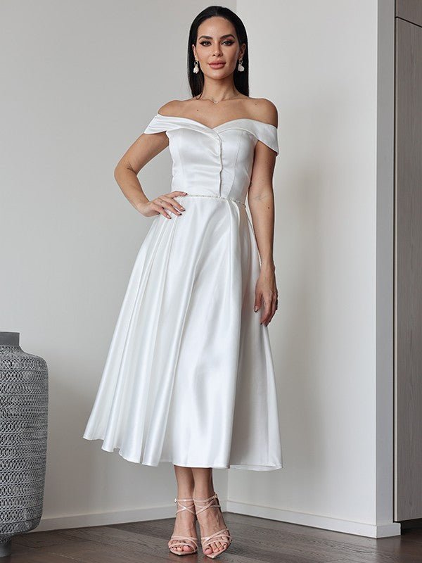 NumberSea - A - Line/Princess Satin Ruffles Off - the - Shoulder Sleeveless Tea - Length Wedding Dresses