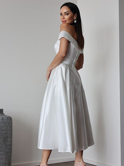 NumberSea - A - Line/Princess Satin Ruffles Off - the - Shoulder Sleeveless Tea - Length Wedding Dresses