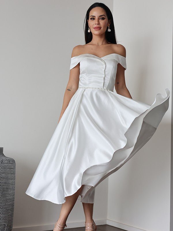 NumberSea - A - Line/Princess Satin Ruffles Off - the - Shoulder Sleeveless Tea - Length Wedding Dresses