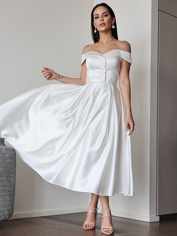 NumberSea - A - Line/Princess Satin Ruffles Off - the - Shoulder Sleeveless Tea - Length Wedding Dresses