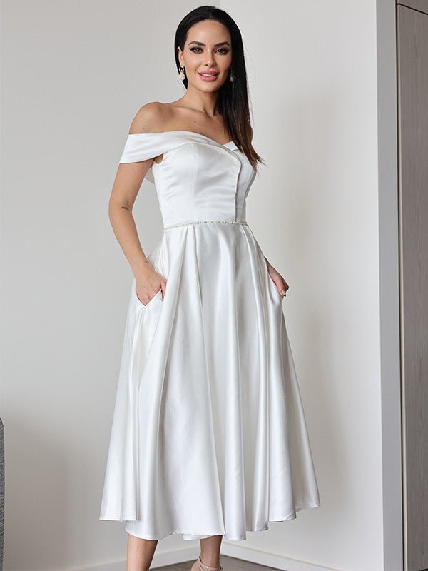 NumberSea - A - Line/Princess Satin Ruffles Off - the - Shoulder Sleeveless Tea - Length Wedding Dresses