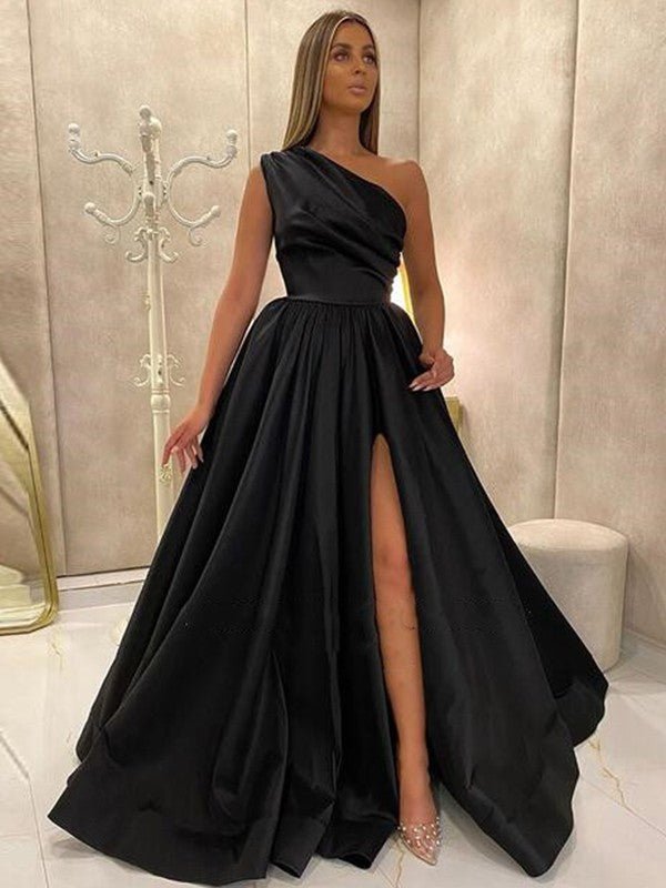 NumberSea - A - Line/Princess Satin Ruffles One - Shoulder Sleeveless Sweep/Brush Train Dresses