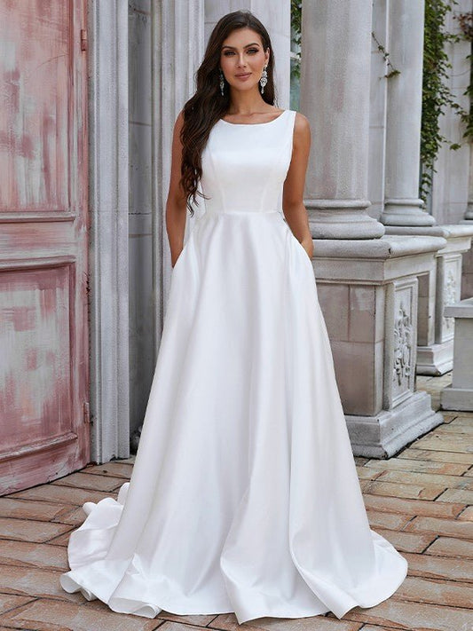 NumberSea - A - Line/Princess Satin Ruffles Scoop Sleeveless Sweep/Brush Train Wedding Dresses