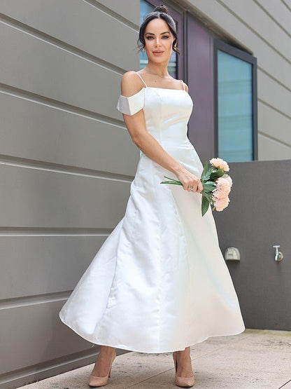 NumberSea - A - Line/Princess Satin Ruffles Spaghetti Straps Sleeveless Ankle - Length Wedding Dresses