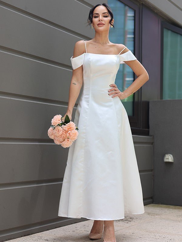 NumberSea - A - Line/Princess Satin Ruffles Spaghetti Straps Sleeveless Ankle - Length Wedding Dresses