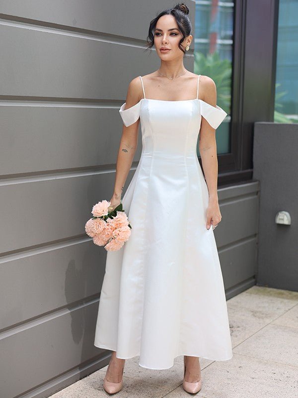 NumberSea - A - Line/Princess Satin Ruffles Spaghetti Straps Sleeveless Ankle - Length Wedding Dresses