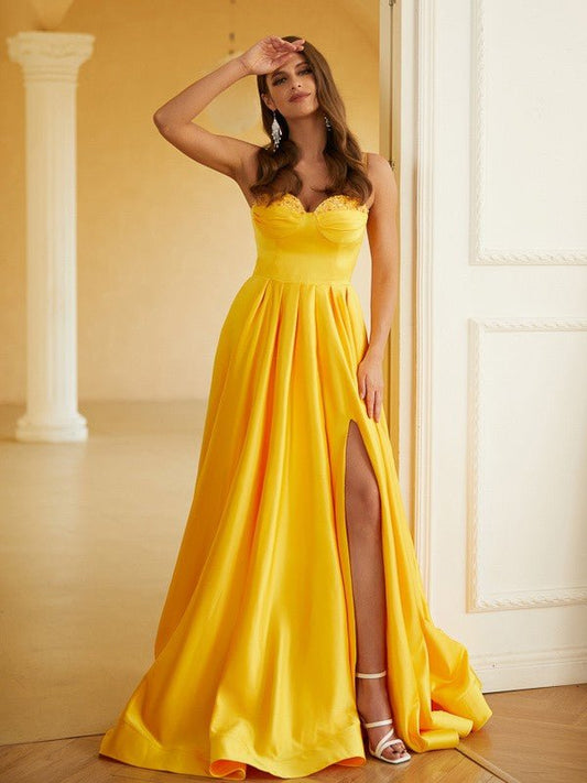 NumberSea - A - Line/Princess Satin Ruffles Spaghetti Straps Sleeveless Floor - Length Dresses