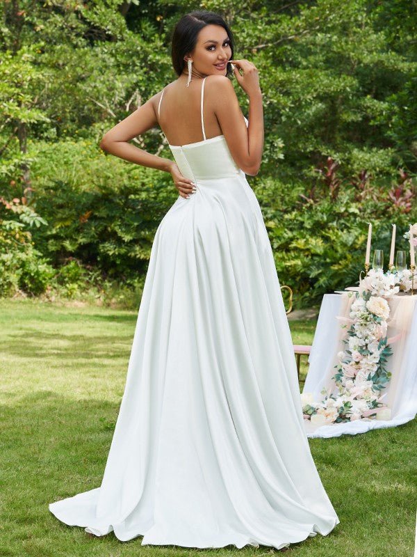 NumberSea - A - Line/Princess Satin Ruffles Spaghetti Straps Sleeveless Sweep/Brush Train Wedding Dresses