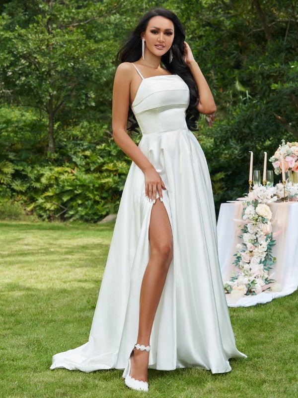 NumberSea - A - Line/Princess Satin Ruffles Spaghetti Straps Sleeveless Sweep/Brush Train Wedding Dresses