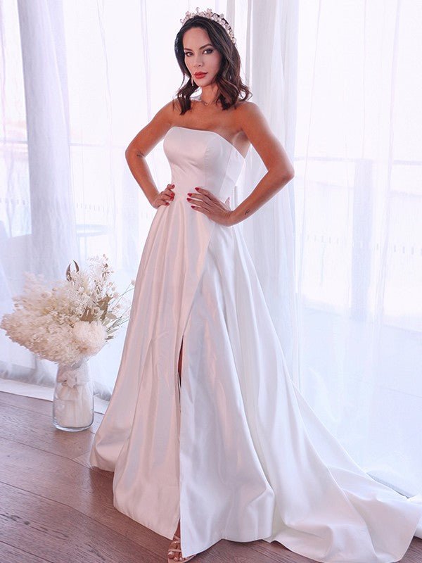 NumberSea - A - Line/Princess Satin Ruffles Strapless Sleeveless Sweep/Brush Train Wedding Dresses